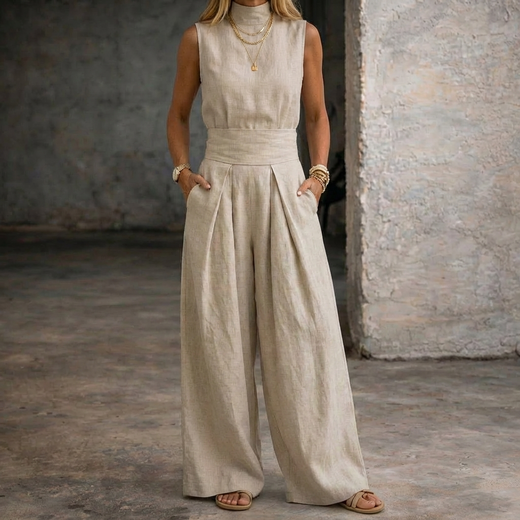 Viola | Linen Sleeveless Jumpsuit with Wide Leg Pants