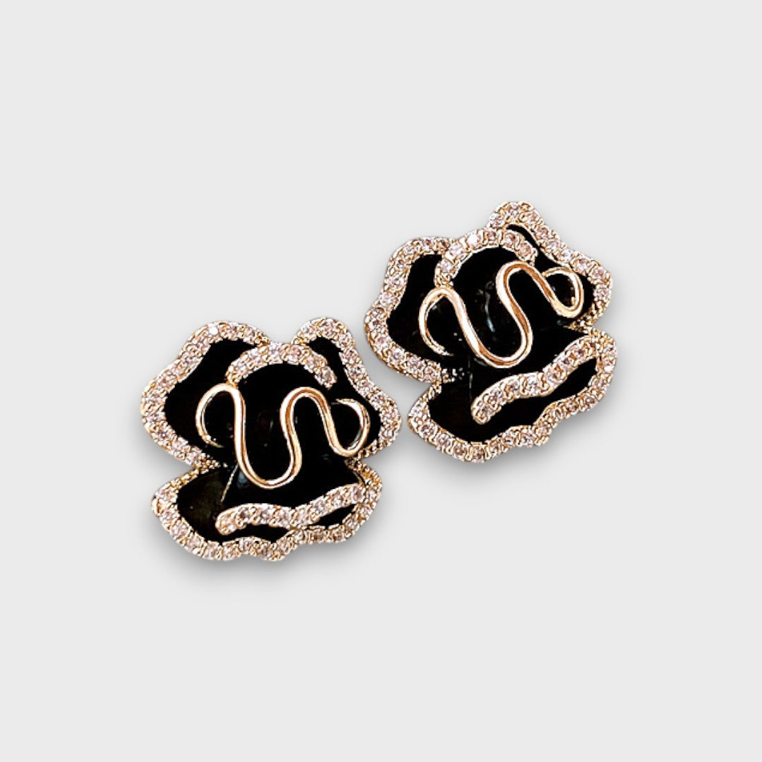 Ameliane – Black Flower Earrings with Golden Outline
