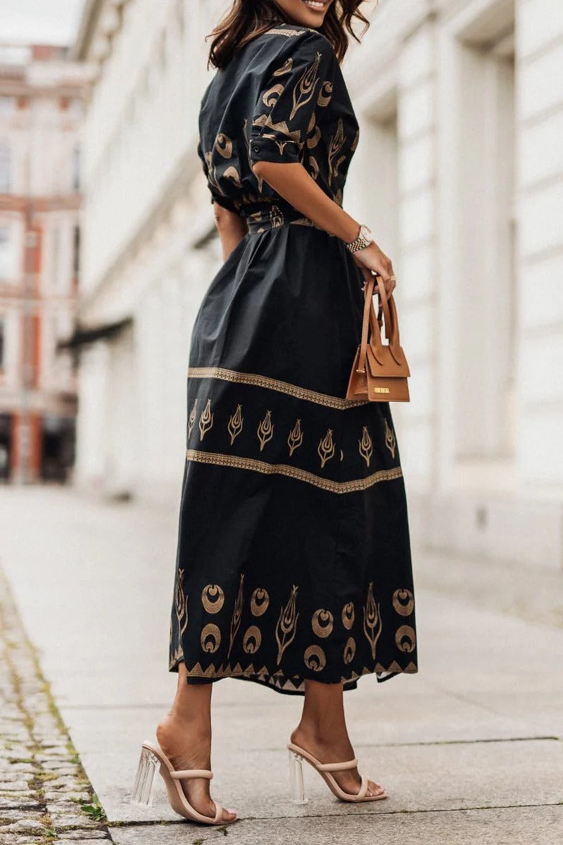 Sarah | Women's Boho Printed Belted Long Sleeve Midi Dress