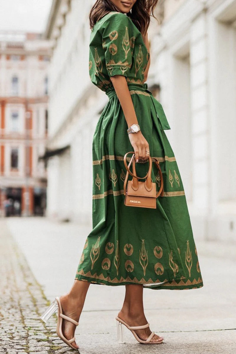 Sarah | Women's Boho Printed Belted Long Sleeve Midi Dress