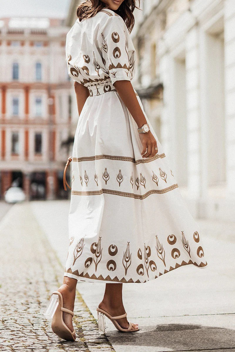 Sarah | Women's Boho Printed Belted Long Sleeve Midi Dress