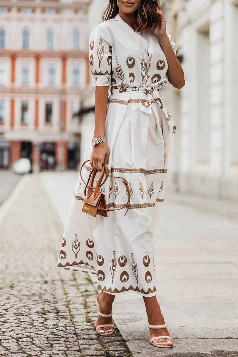 Sarah | Women's Boho Printed Belted Long Sleeve Midi Dress