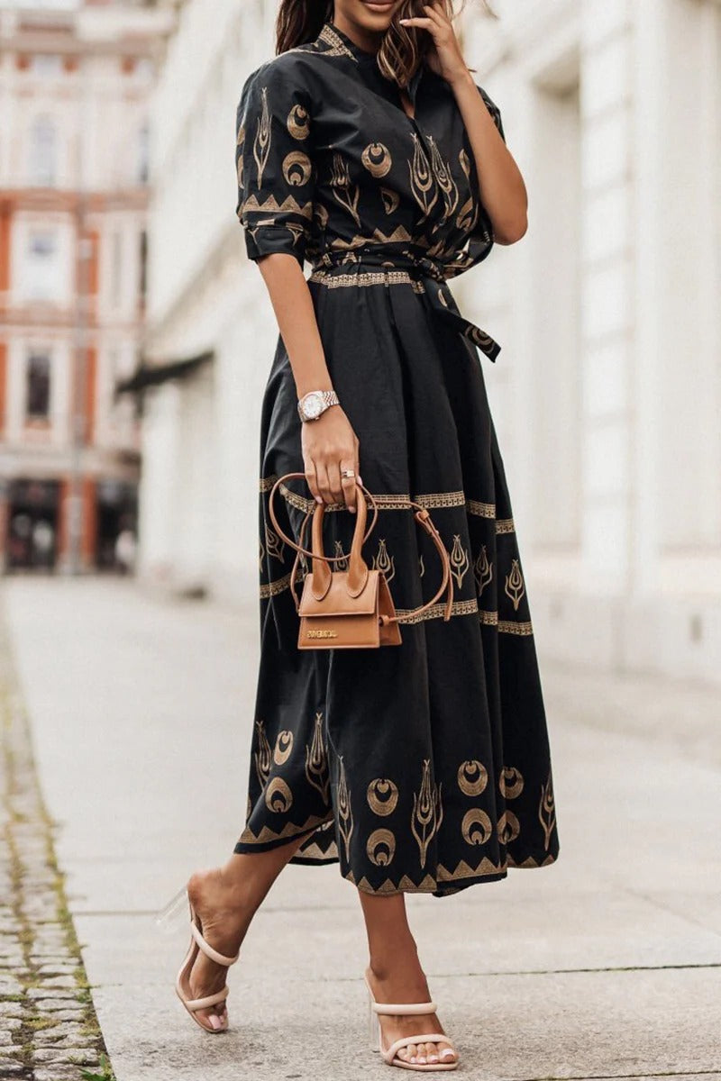 Sarah | Women's Boho Printed Belted Long Sleeve Midi Dress