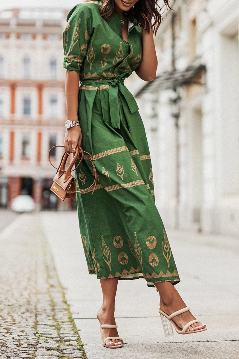 Sarah | Women's Boho Printed Belted Long Sleeve Midi Dress