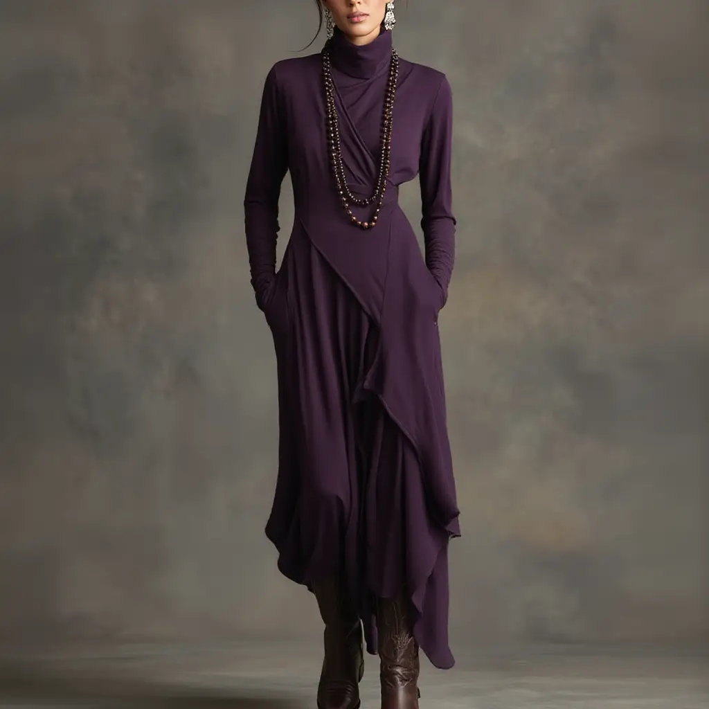 Solmira | Asymmetrical Pleated Maxi Dress with High Neck