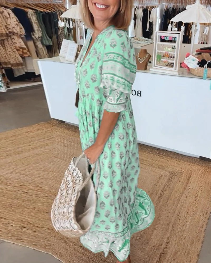Isabella | Women's Boho Printed Tassel Tie Midi Dress
