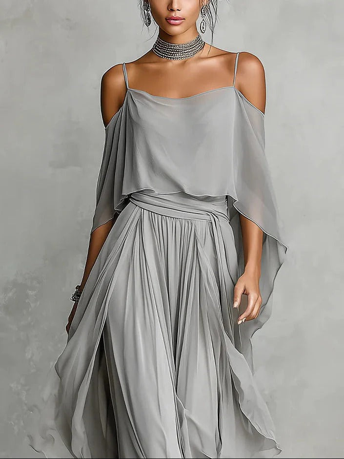 Isabela™ | Flowing Gray Outfit with Strappy Top & Lightweight Trousers