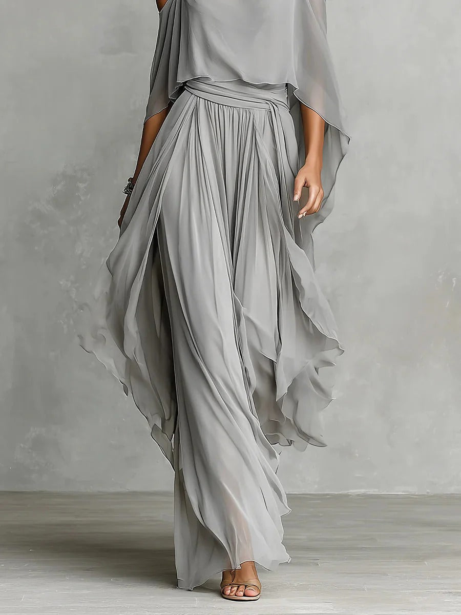 Isabela™ | Flowing Gray Outfit with Strappy Top & Lightweight Trousers