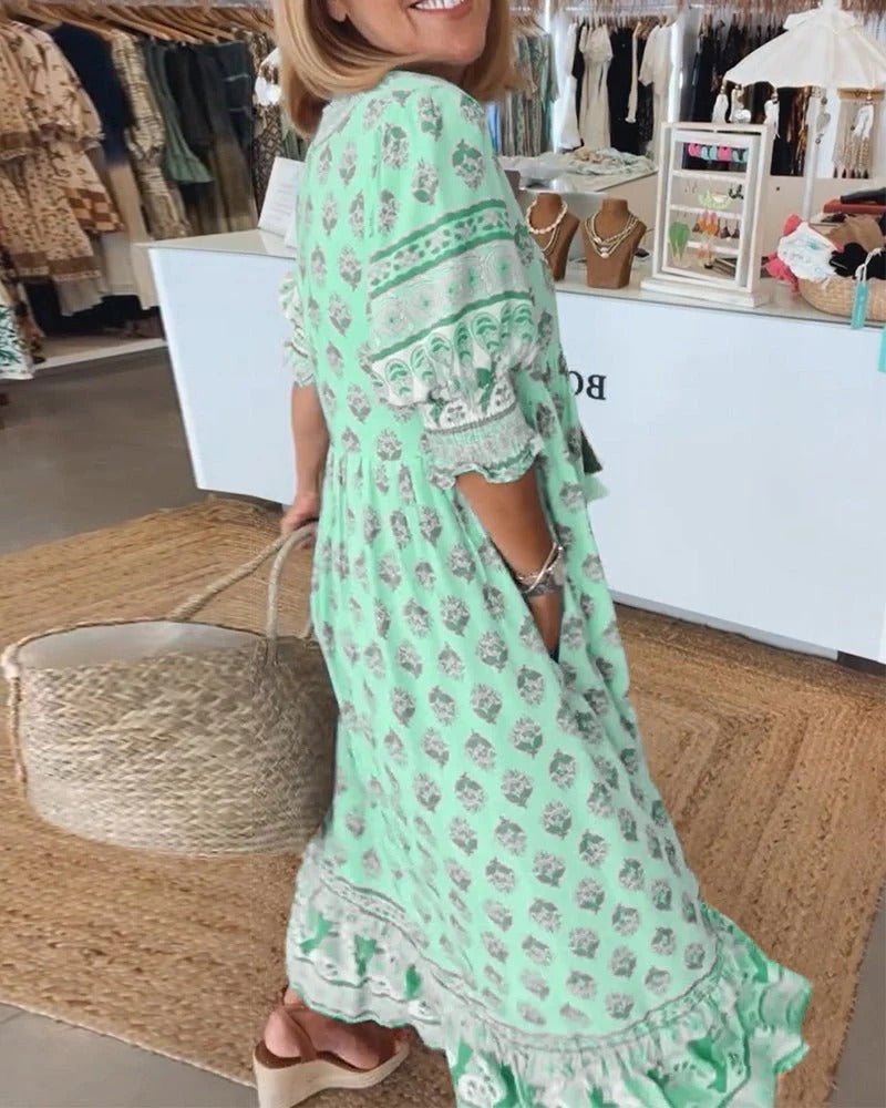 Isabella | Women's Boho Printed Tassel Tie Midi Dress
