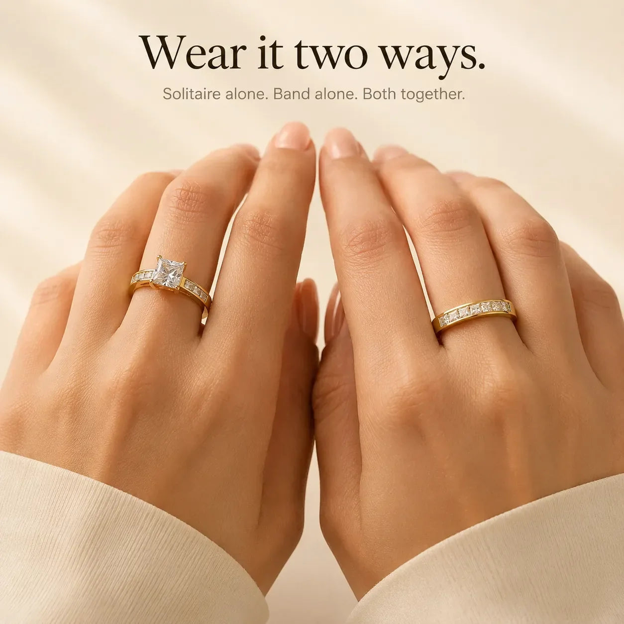 Aurelys – Matching 2-Piece Cubic Zirconia Ring Set, Princess-Cut Stackable Bridal Style, Gold or Silver Tone