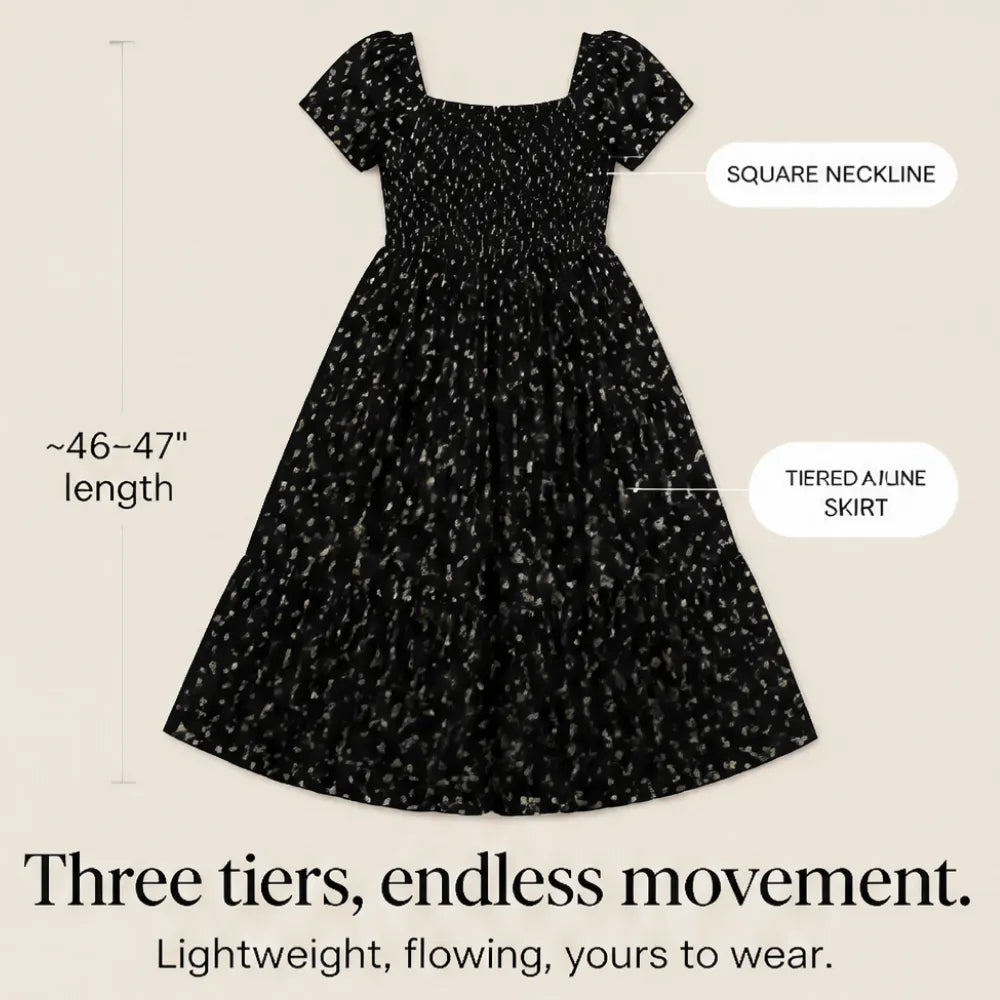 Florenza – Square Neck Floral Midi Dress with Smocked Bodice & Tiered Skirt