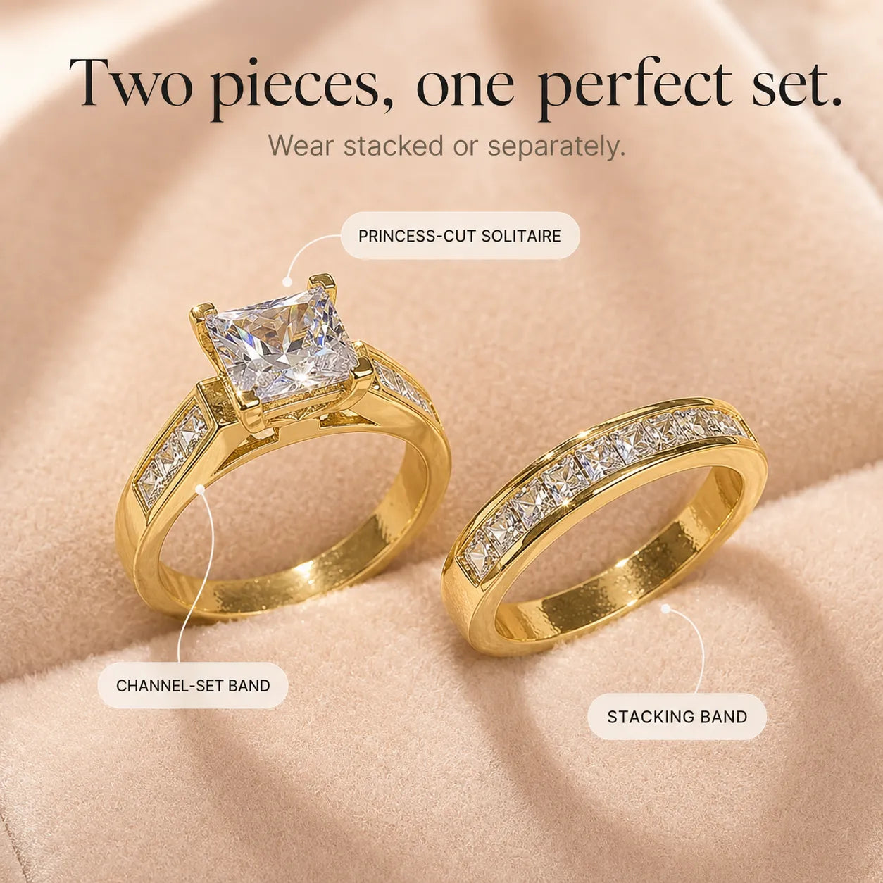 Aurelys – Matching 2-Piece Cubic Zirconia Ring Set, Princess-Cut Stackable Bridal Style, Gold or Silver Tone