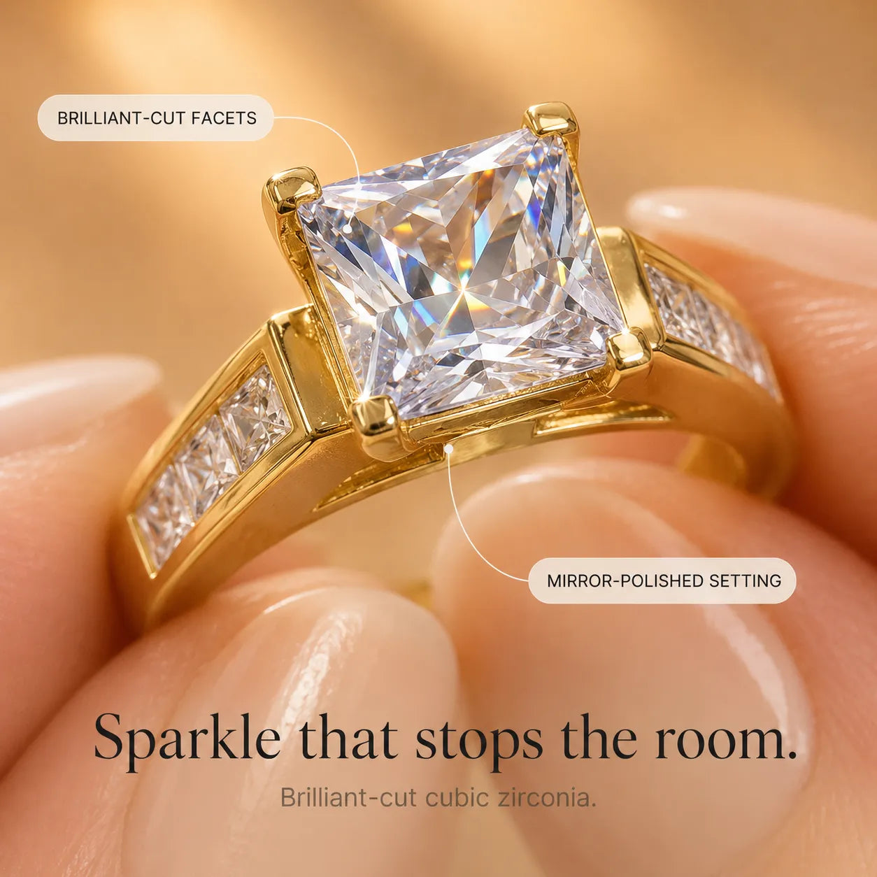 Aurelys – Matching 2-Piece Cubic Zirconia Ring Set, Princess-Cut Stackable Bridal Style, Gold or Silver Tone