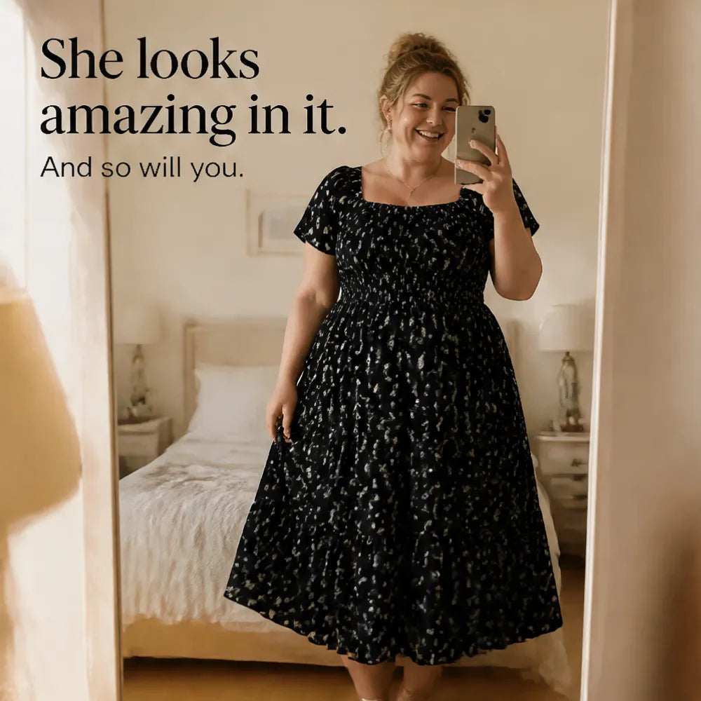 Florenza – Square Neck Floral Midi Dress with Smocked Bodice & Tiered Skirt