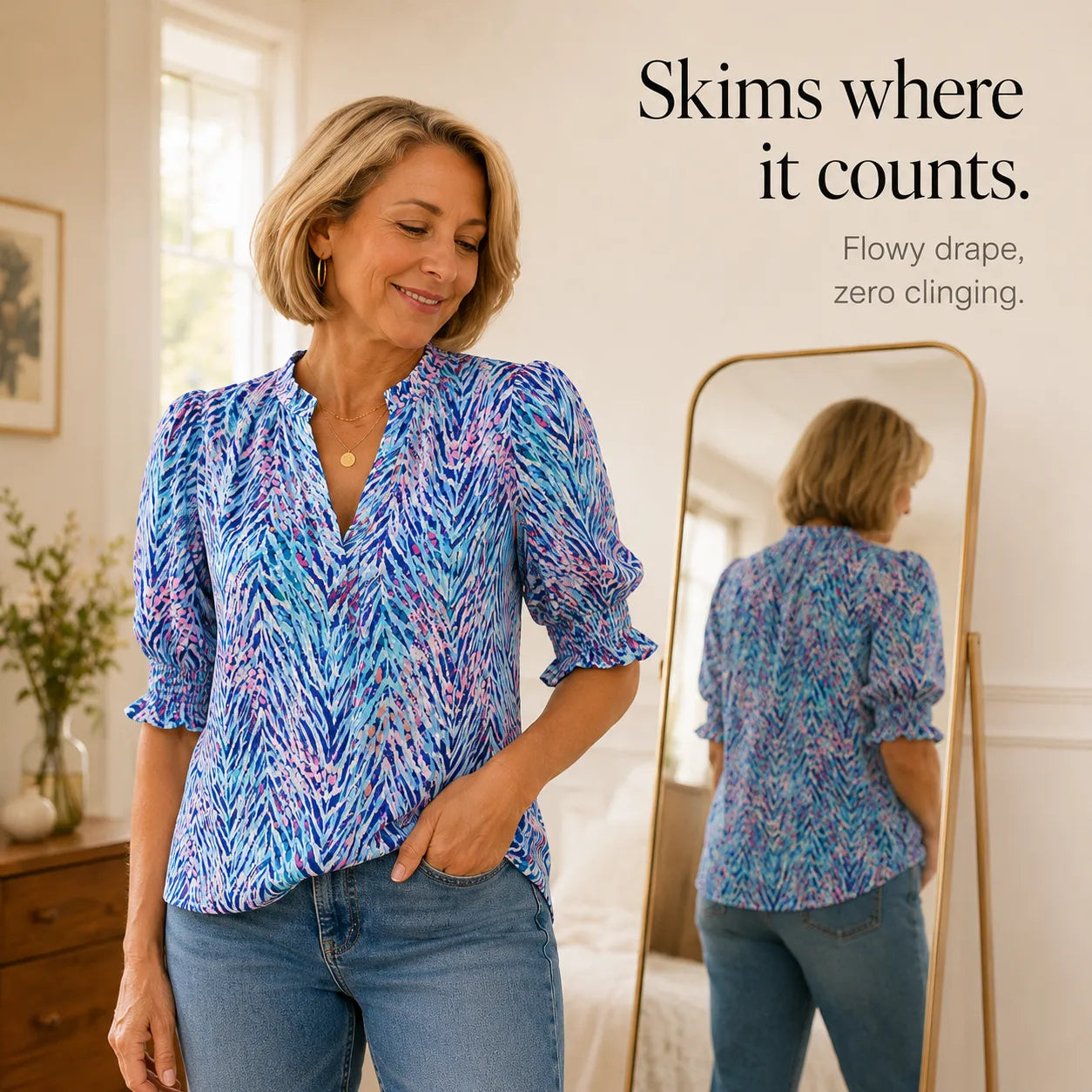 Elowen – Women's V-Neck Puff Sleeve Blouse with Smocked Cuffs, Flowy Floral Top