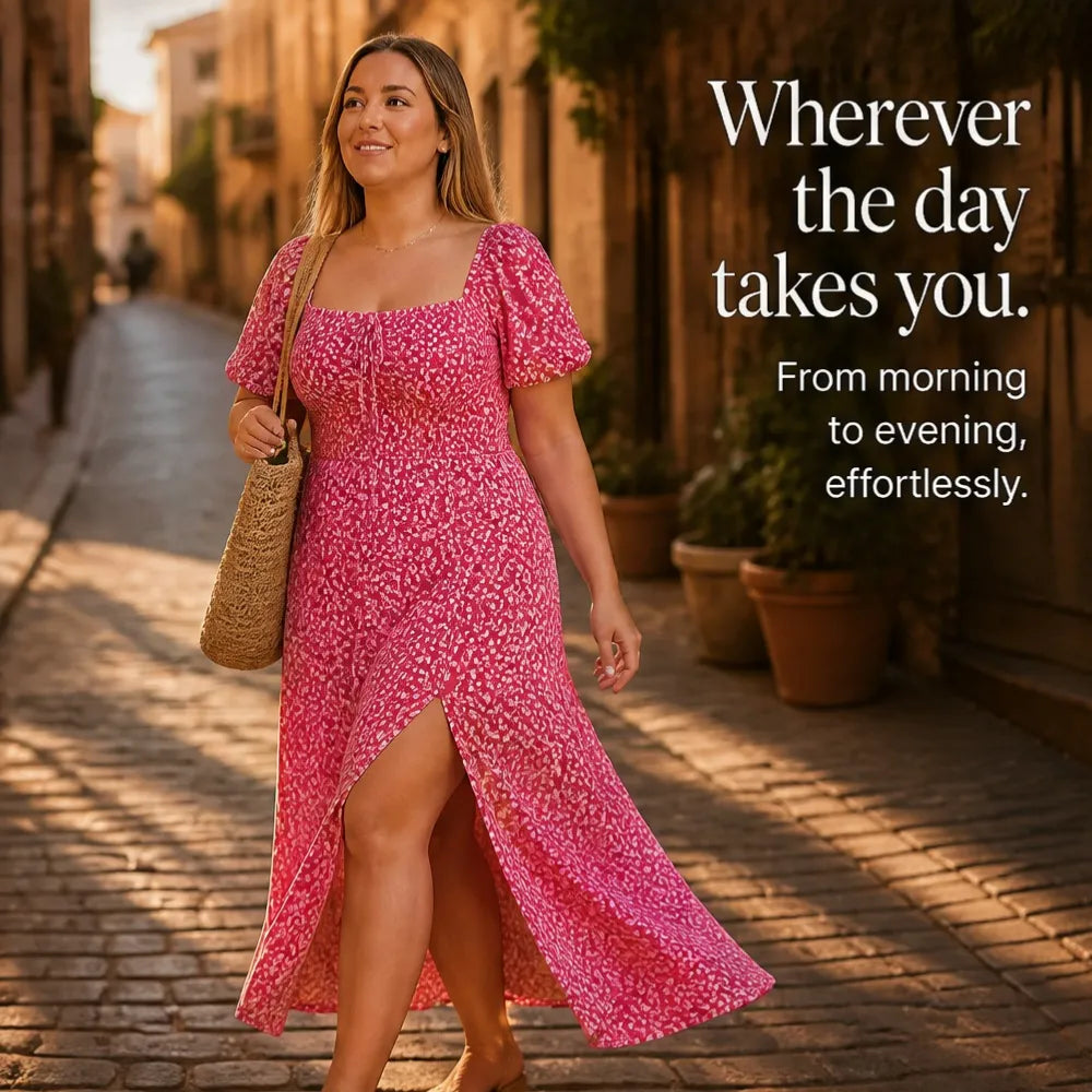 Florenza – Floral Midi Dress with Smocked Bodice and Side Slit