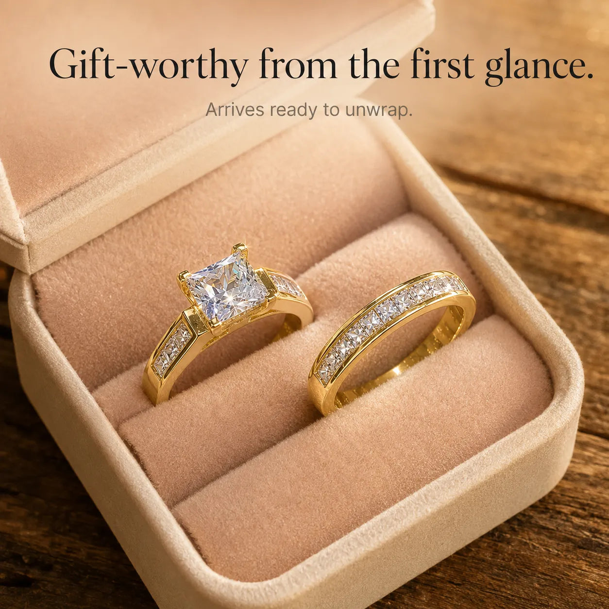 Aurelys – Matching 2-Piece Cubic Zirconia Ring Set, Princess-Cut Stackable Bridal Style, Gold or Silver Tone