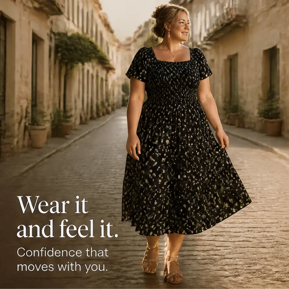 Florenza – Square Neck Floral Midi Dress with Smocked Bodice & Tiered Skirt