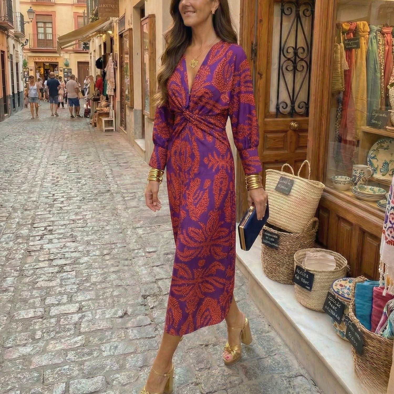Elegant Midi Dress with Timeless Print - Fluid and Refined Cut