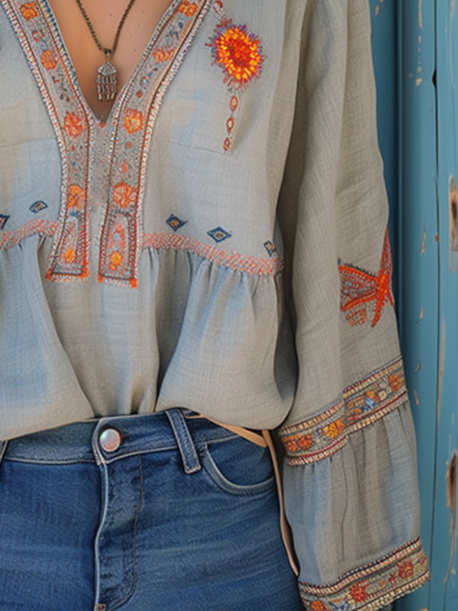 Penelope | Women Bohemian Embroidered V Neck Blouse