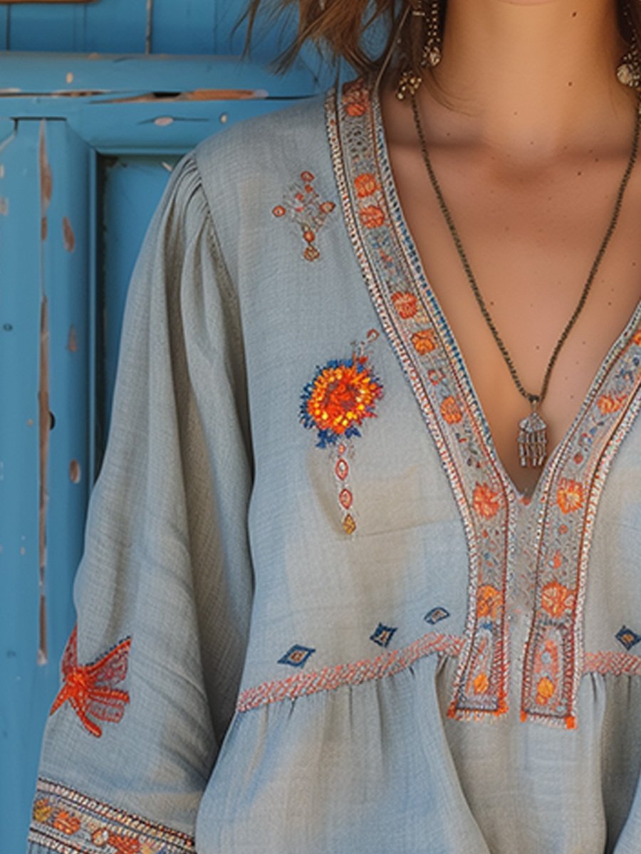Penelope | Women Bohemian Embroidered V Neck Blouse