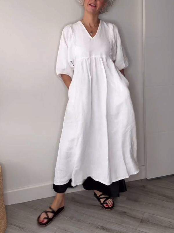 Eeva™ - Casual Midi Dress with V-Neck and Pockets