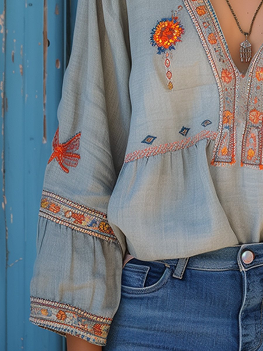 Penelope | Women Bohemian Embroidered V Neck Blouse
