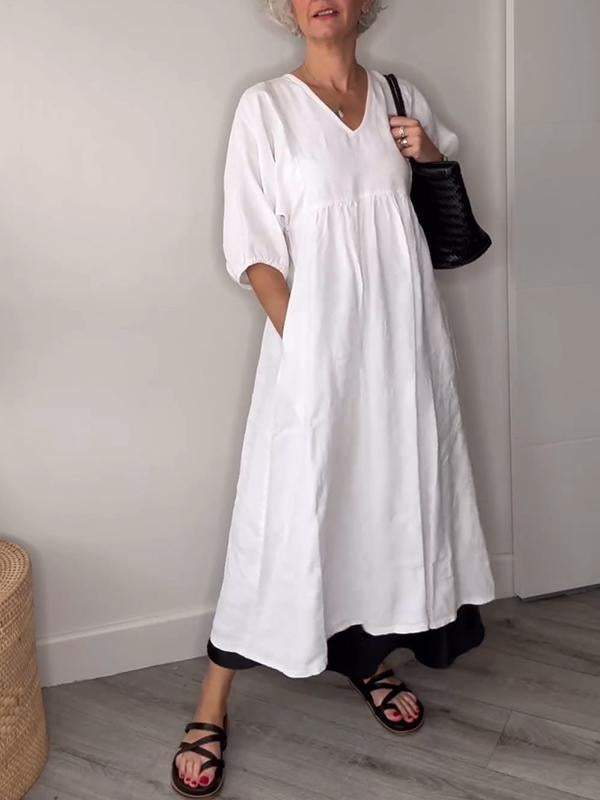 Eeva™ - Casual Midi Dress with V-Neck and Pockets