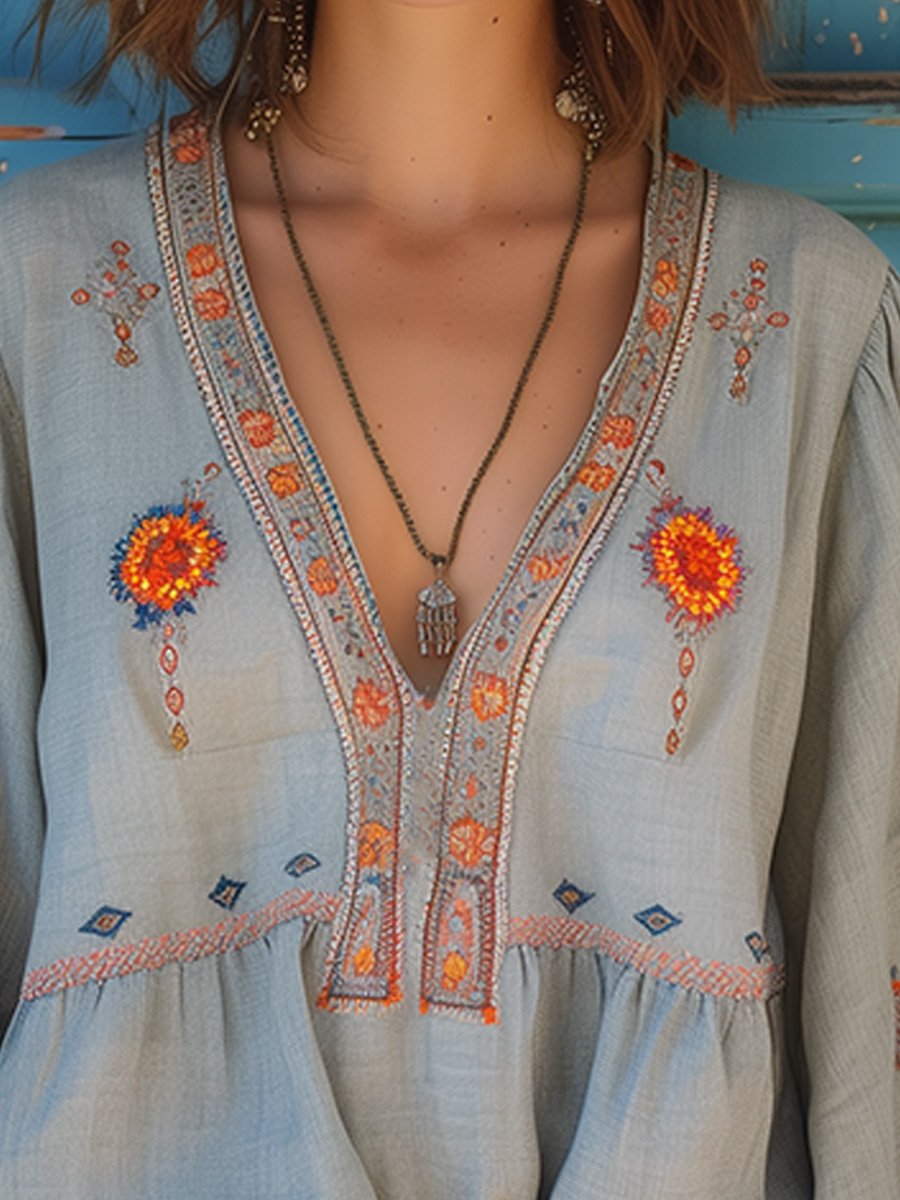 Penelope | Women Bohemian Embroidered V Neck Blouse