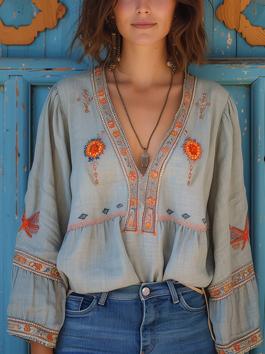 Penelope | Women Bohemian Embroidered V Neck Blouse
