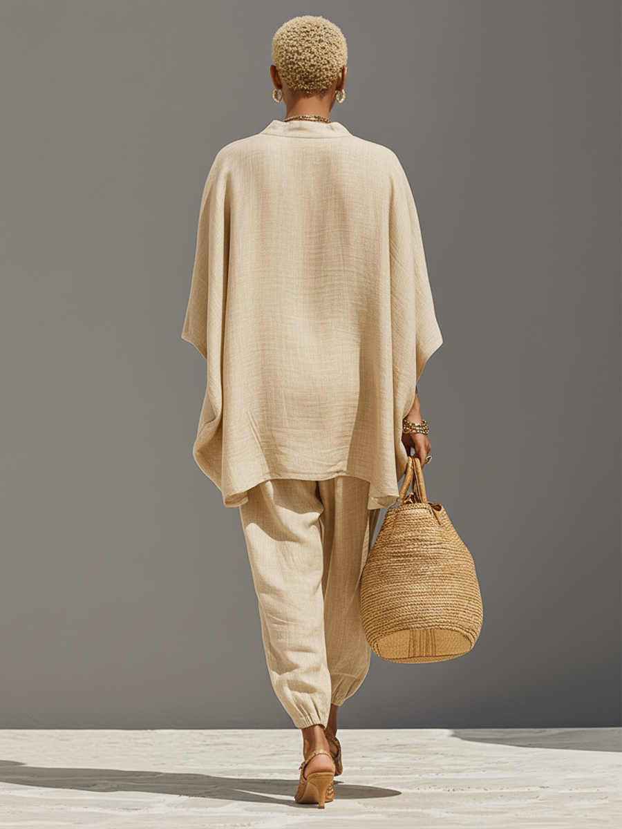 Neutral Linen Women's Set with Asymmetrical Hem and Minimalist Design, Sophisticated Daily-Casual Style Set