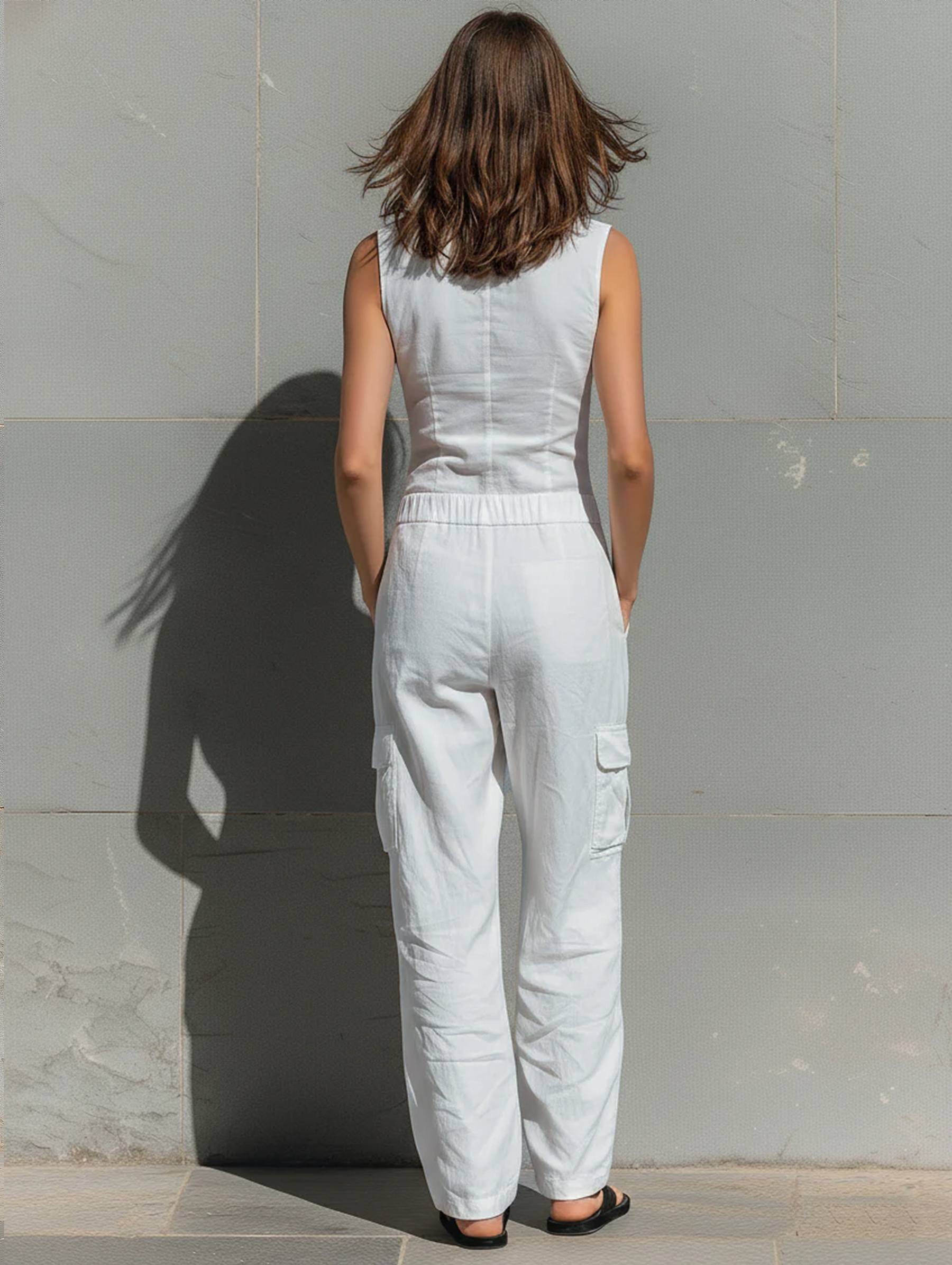 Women's Minimalist Cotton Blend Single-breasted Sleeveless Jumpsuit MDZ1304A4Y