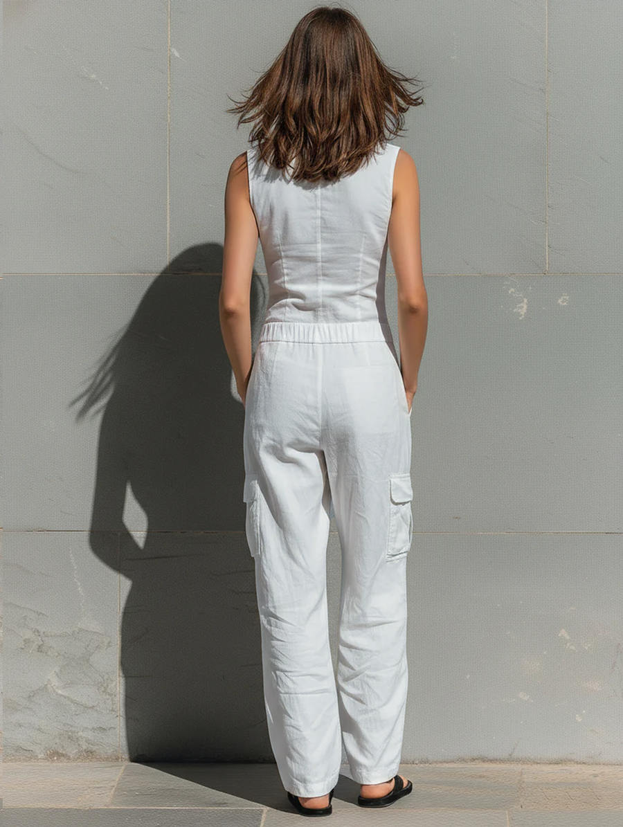Women's Minimalist Cotton Blend Single-breasted Sleeveless Jumpsuit MDZ1304A4Y