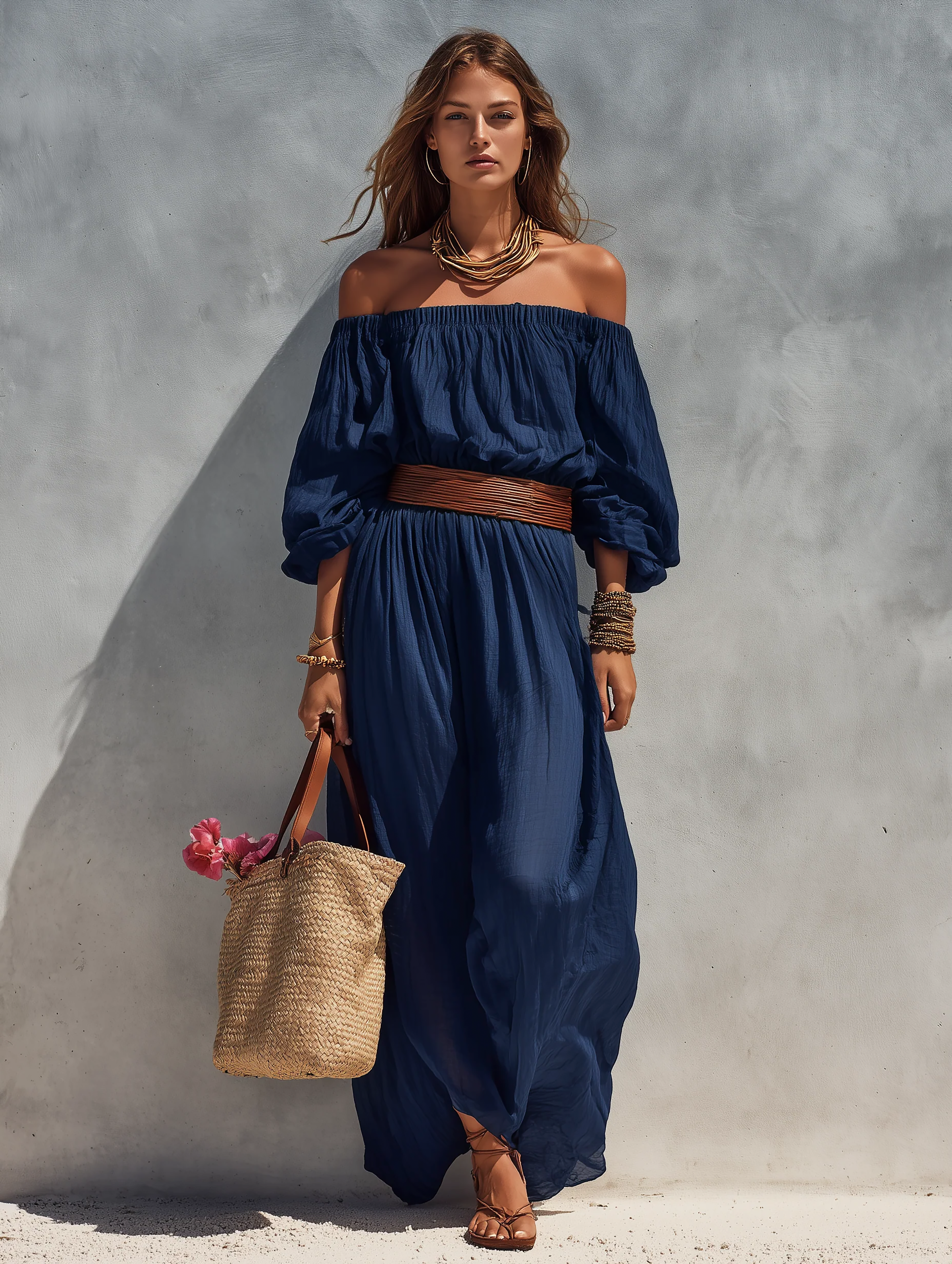 Women's Casual Dark Blue Cotton Linen Strapless Long-sleeved Dress (belt Not Included) MDZ1281C1AN