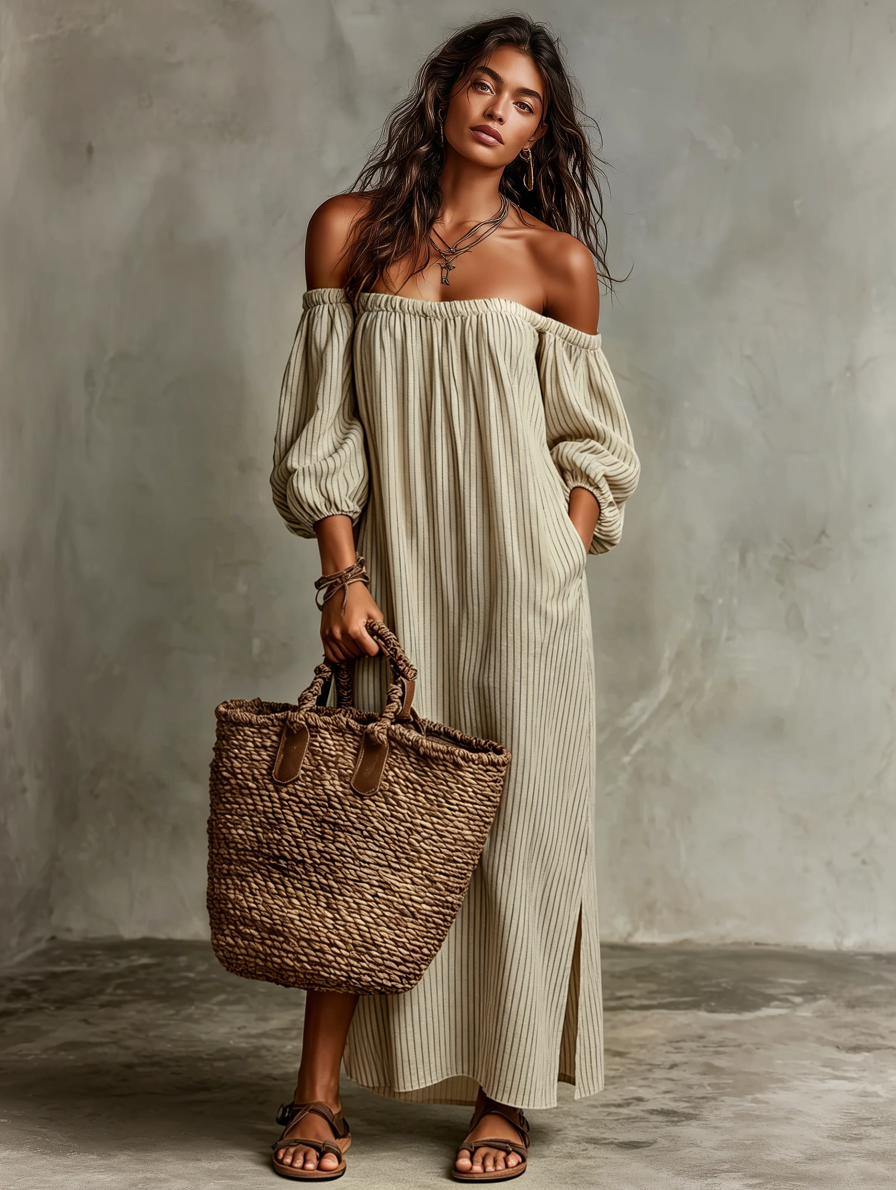 Maxi Dress in Cotton-Linen Off-shoulder Long Sleeve for Women