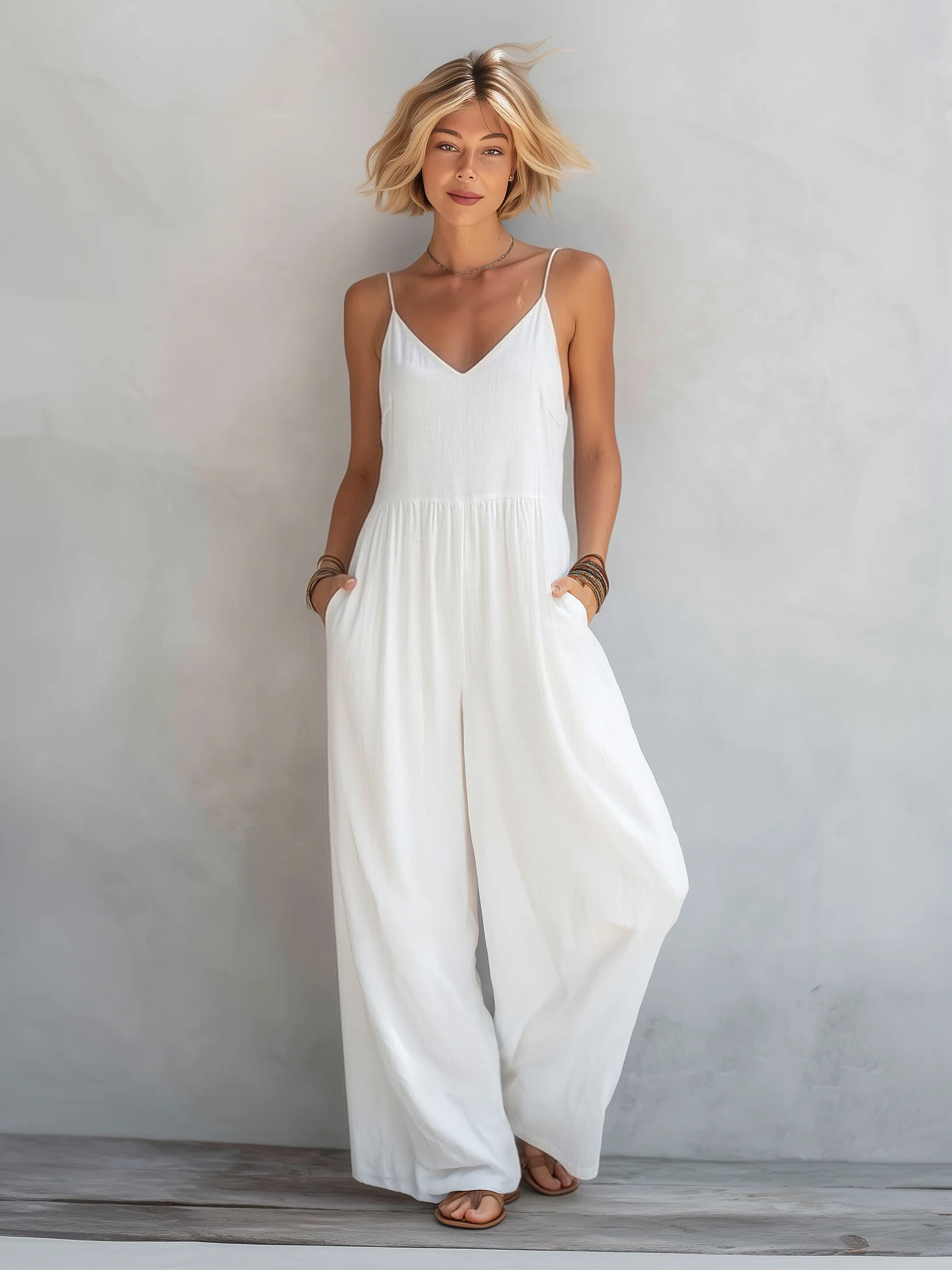 Women's Casual White Cotton-linen Blend Sleeveless Loose Jumpsuit MDZ0246C9AN