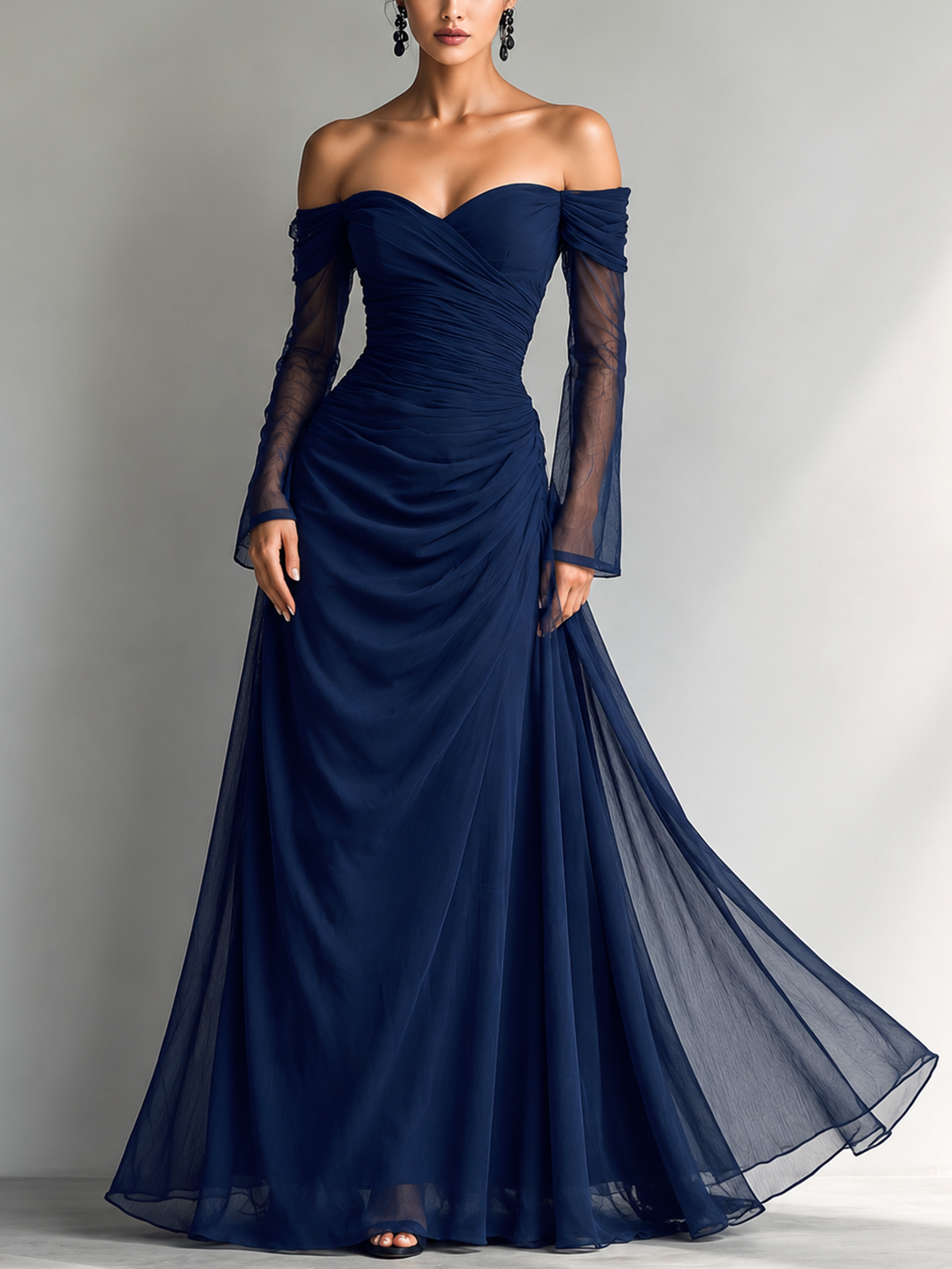 Women's Elegant Dark Blue Chiffon Organza Off-shoulder Long-sleeved Fitted Maxi Dress MDA1711L9AN
