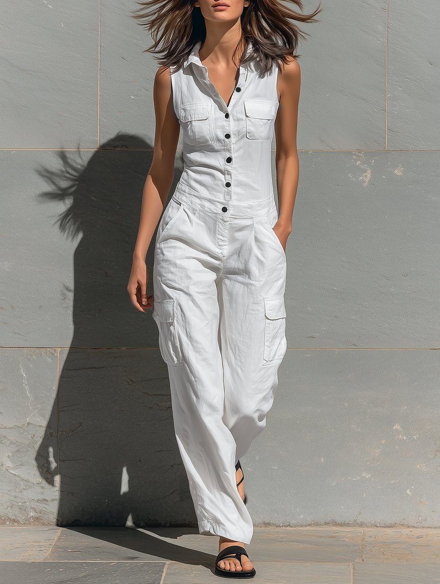 Women's Minimalist Cotton Blend Single-breasted Sleeveless Jumpsuit MDZ1304A4Y