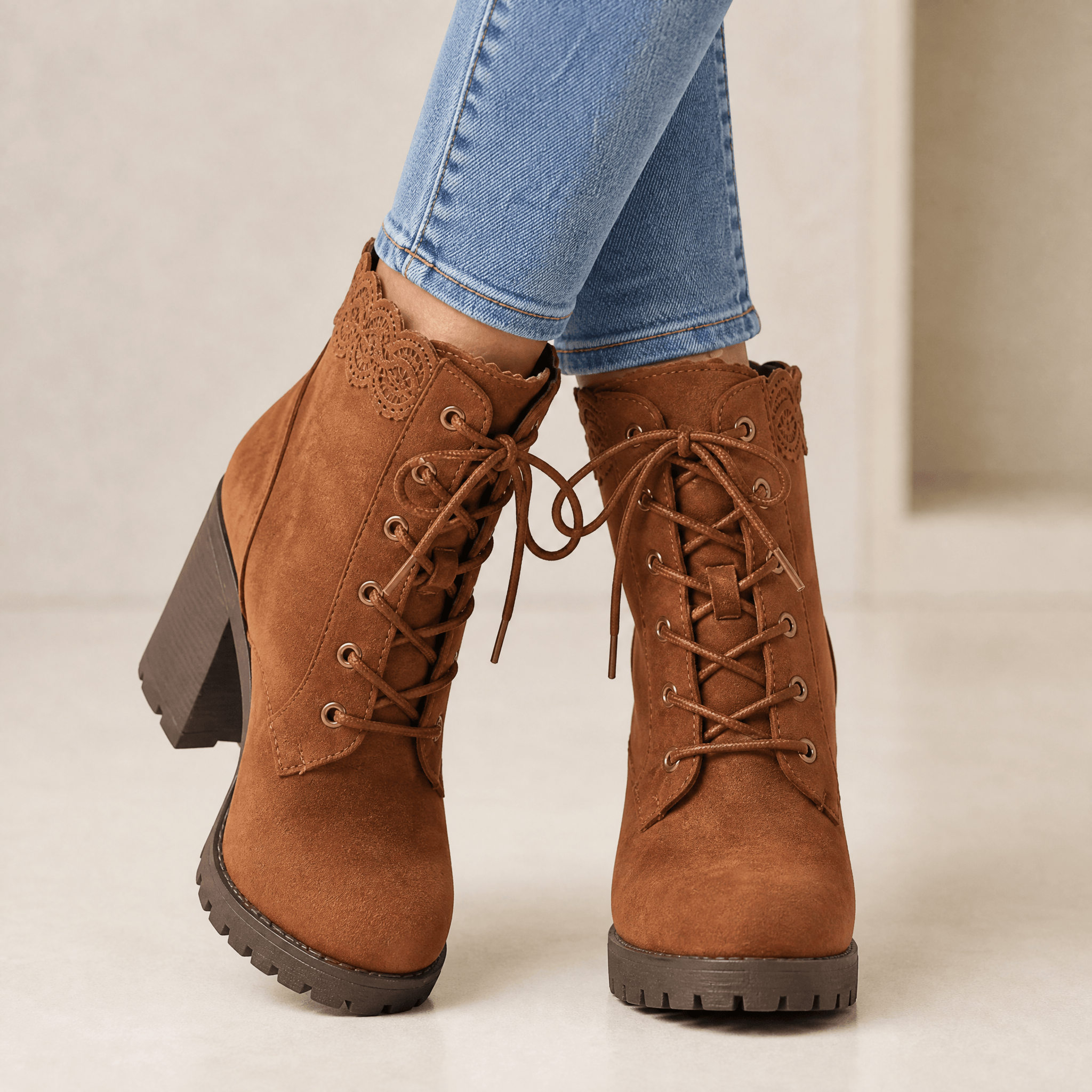 Lacelle - Romantic Lace Trim Suede Ankle Boots