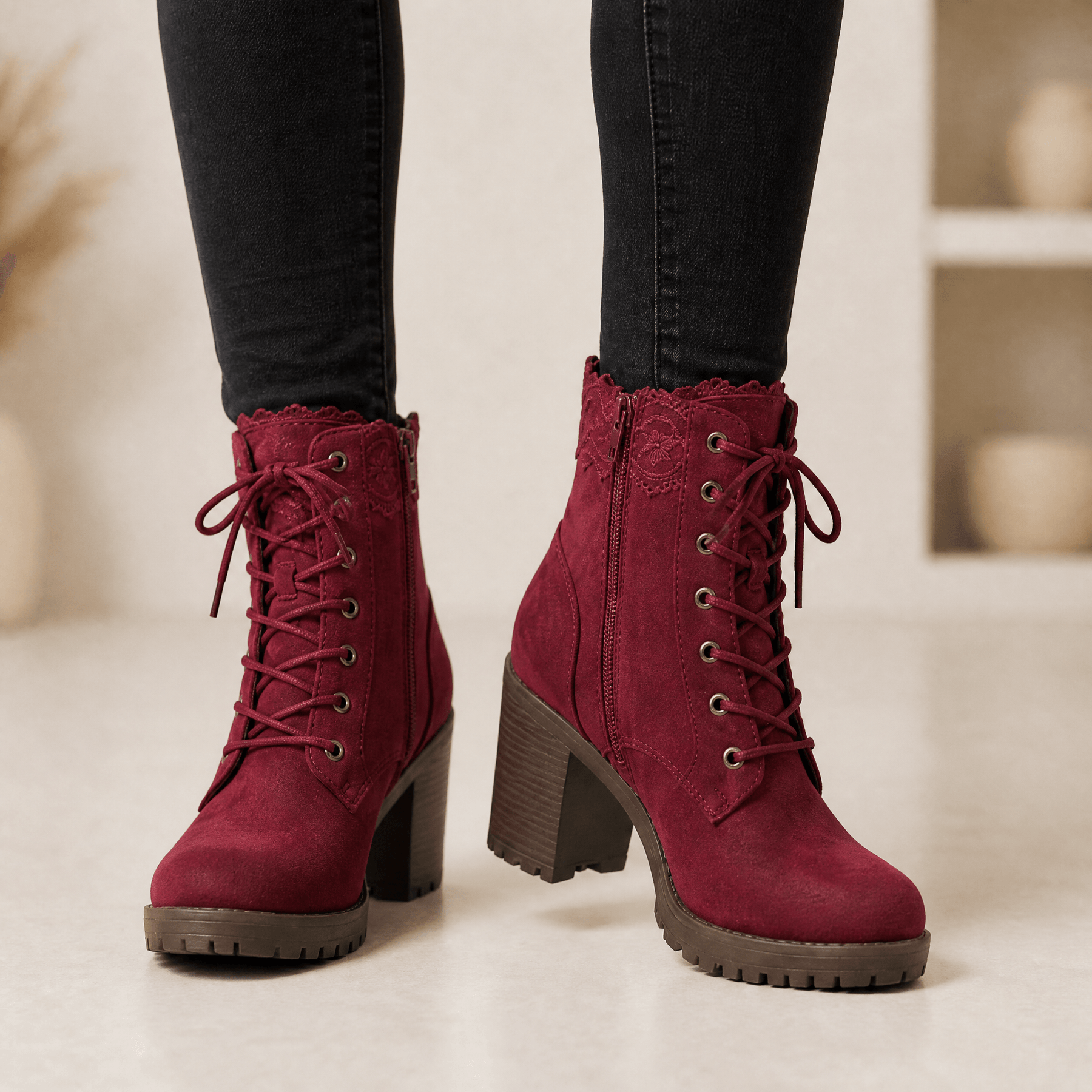 Lacelle - Romantic Lace Trim Suede Ankle Boots