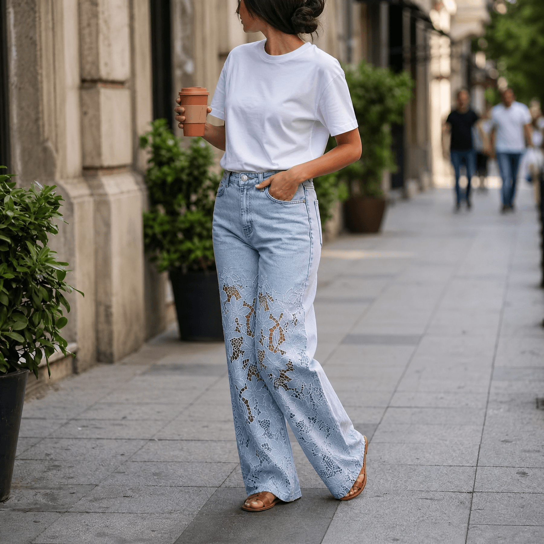 Laceveil – Women's Floral Lace Patchwork Wide Leg Jeans