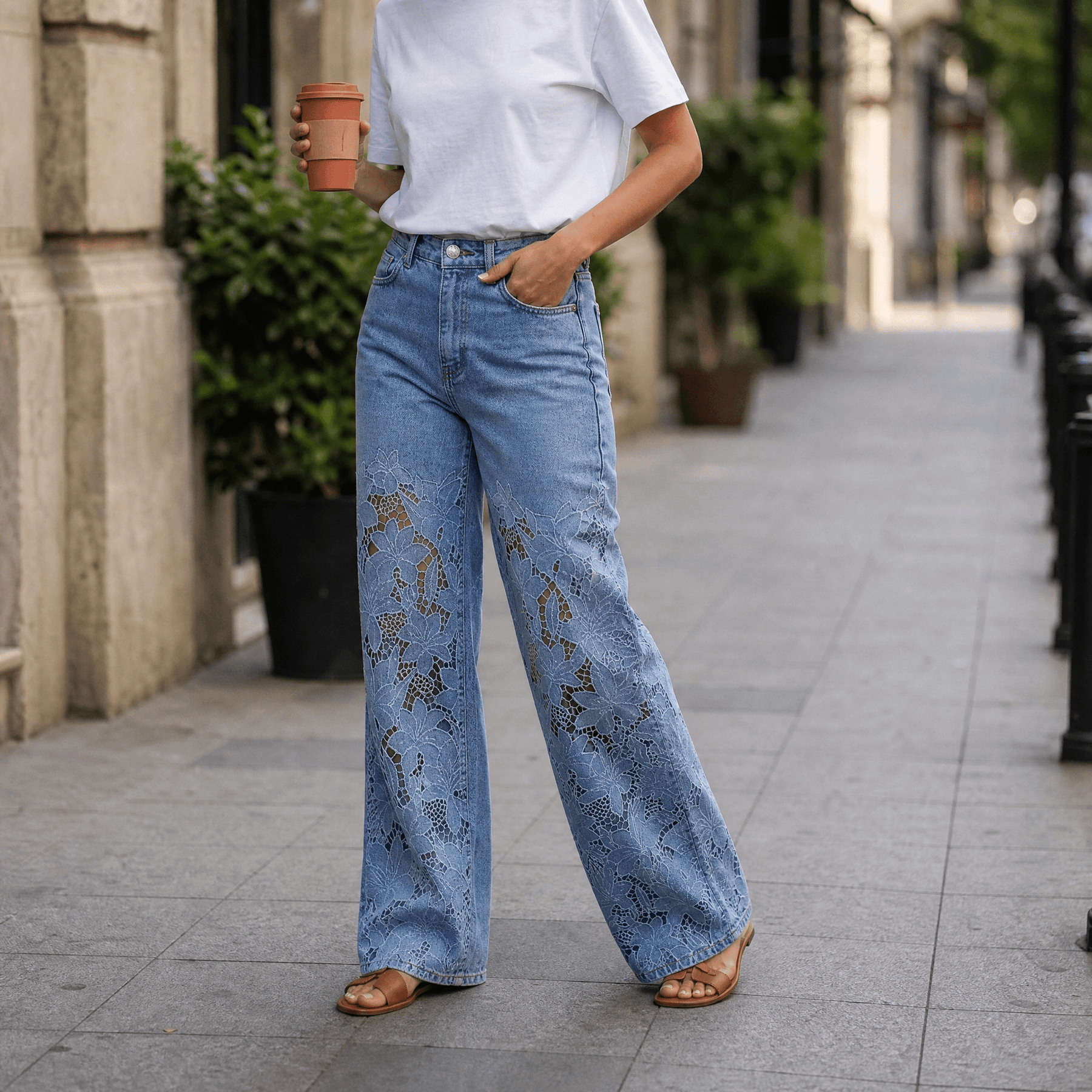 Laceveil – Women's Floral Lace Patchwork Wide Leg Jeans