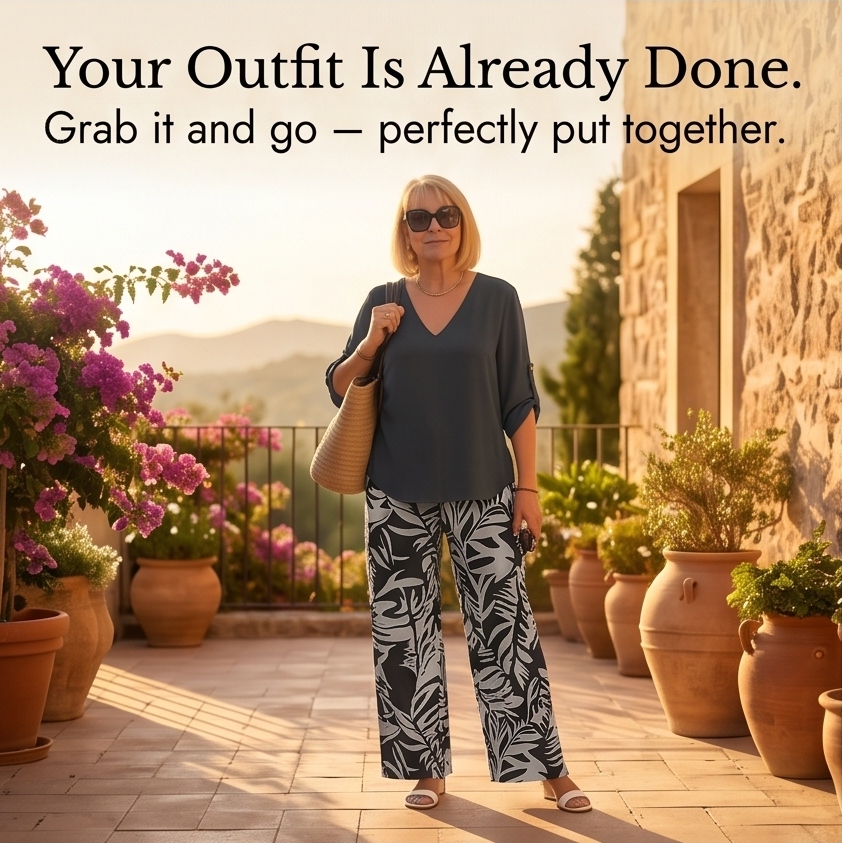 Lark & Palm – Women's V-Neck Top & Leaf-Print Wide-Leg Pants Set