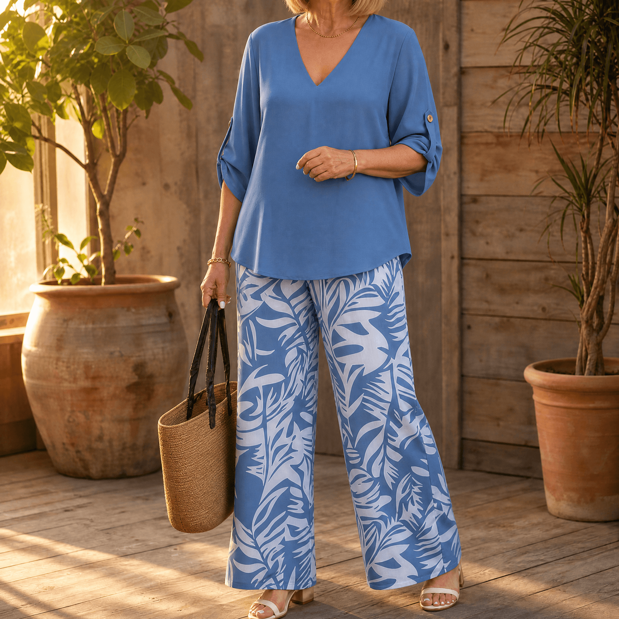 Lark & Palm – Women's V-Neck Top & Leaf-Print Wide-Leg Pants Set