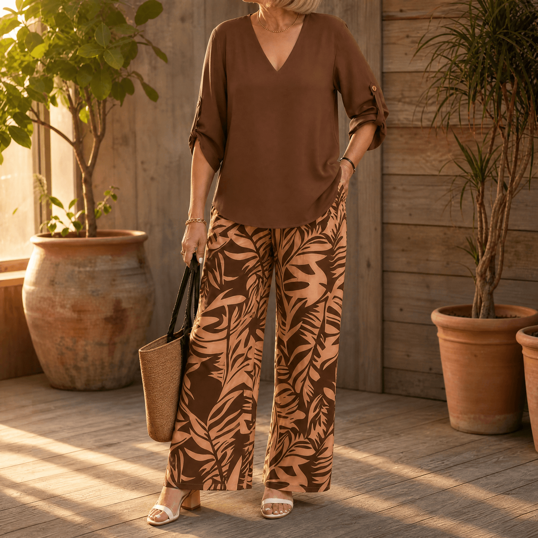 Lark & Palm – Women's V-Neck Top & Leaf-Print Wide-Leg Pants Set