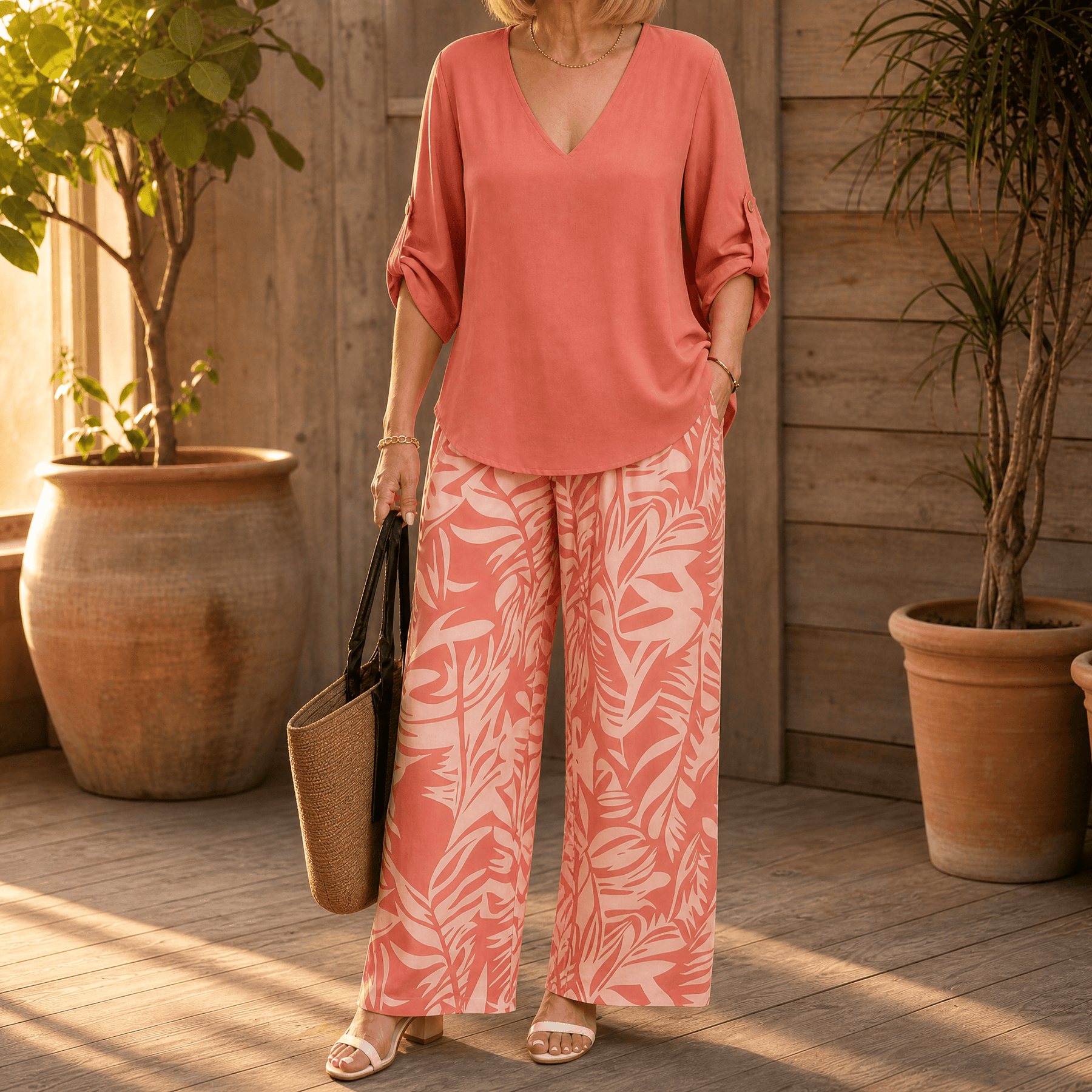 Lark & Palm – Women's V-Neck Top & Leaf-Print Wide-Leg Pants Set