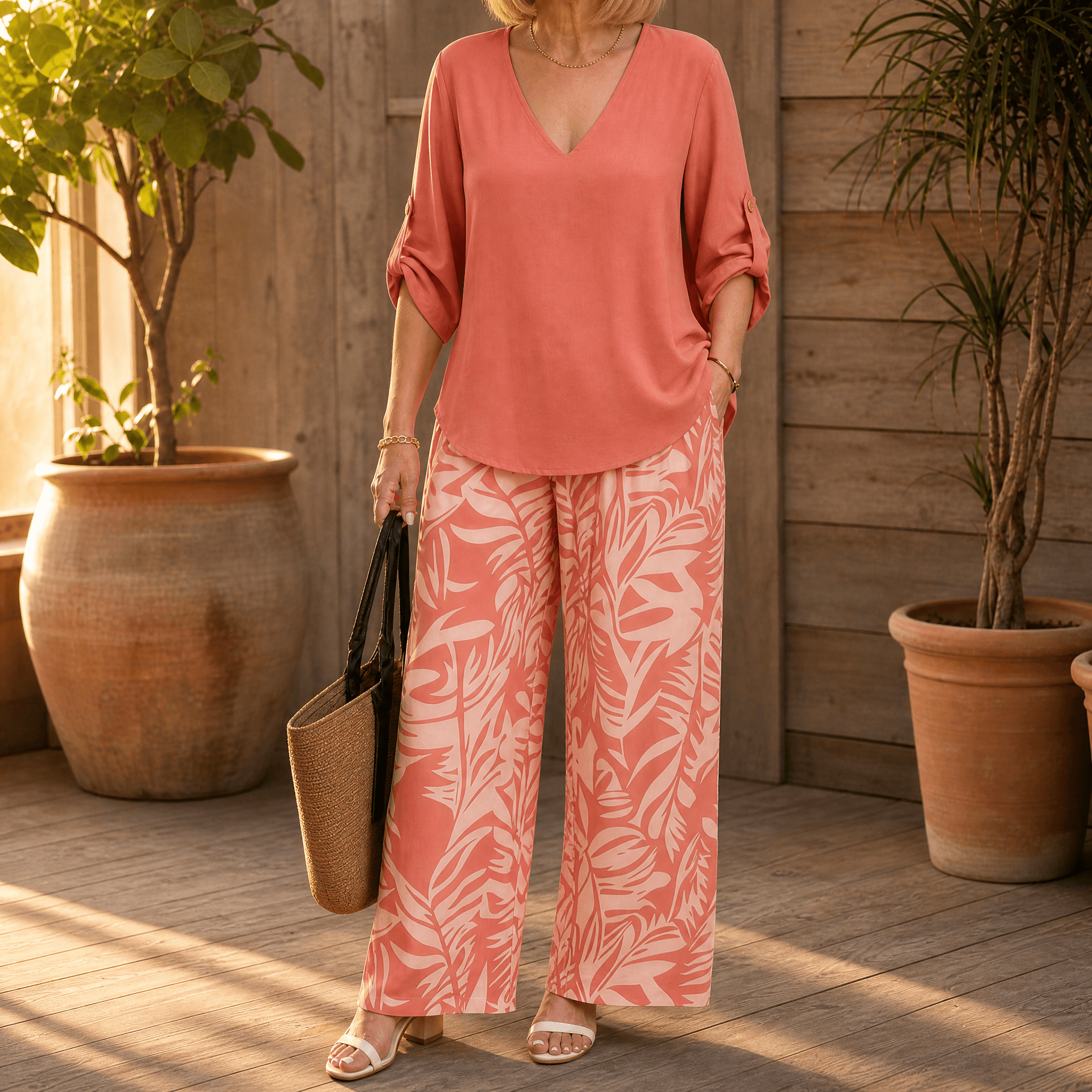 Lark & Palm – Women's V-Neck Top & Leaf-Print Wide-Leg Pants Set