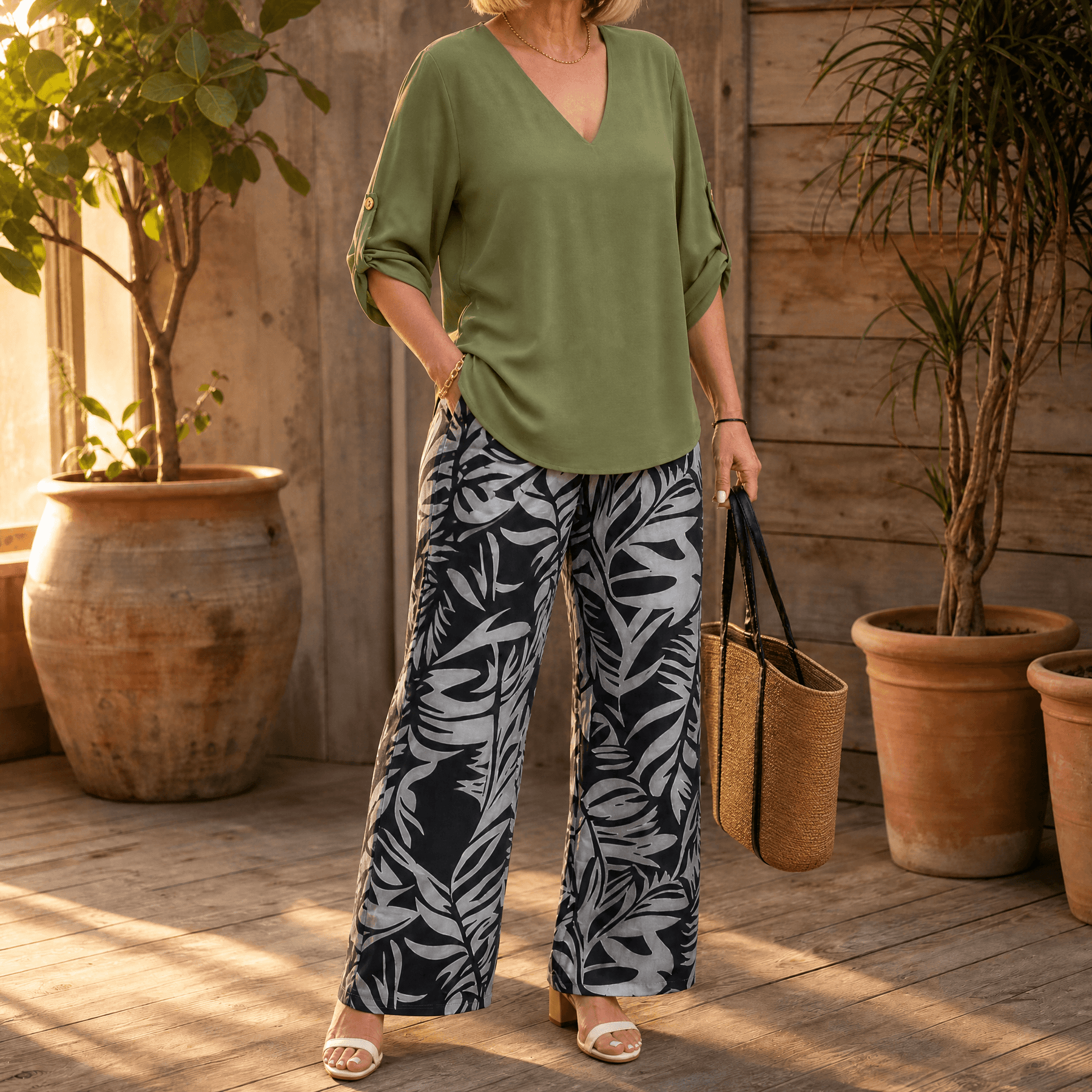 Lark & Palm – Women's V-Neck Top & Leaf-Print Wide-Leg Pants Set