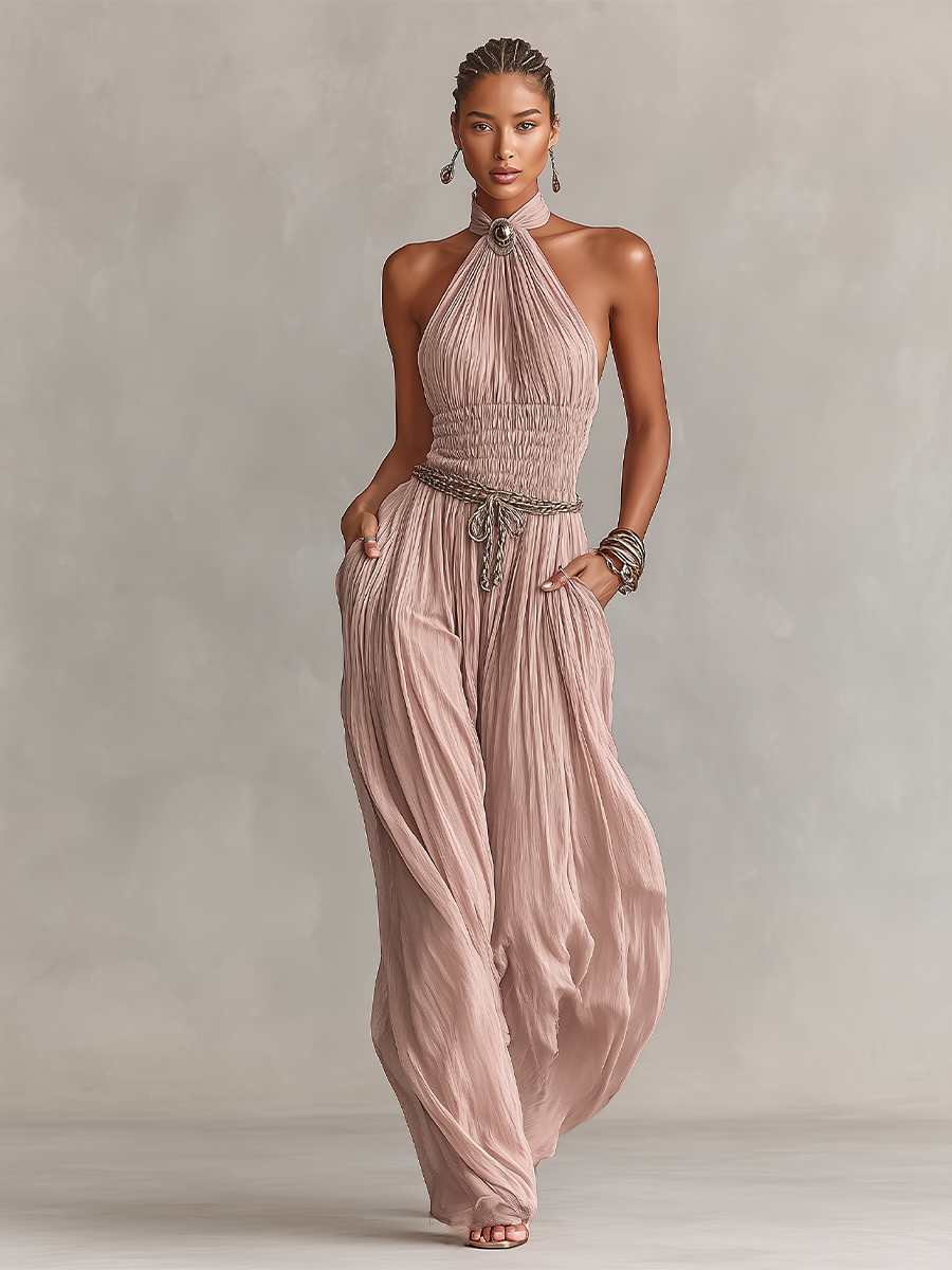 Women's Blush Pleated Jumpsuit With Halter Neck & Ruched Waist, Timeless Romantic-Elegant Style Jumpsuit (without Belt) MDZ1133B7I