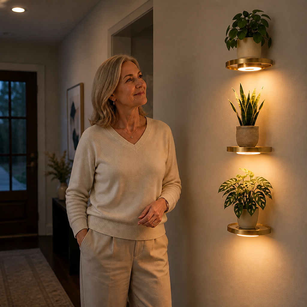 Lumeva - Floating LED Wall Shelf with Gold Finish, Rechargeable Ambient Light for Plants